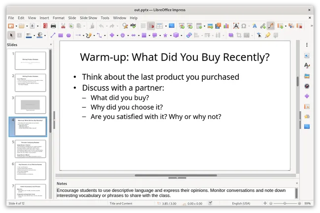 The result of AI markdown slideshow to PPTX conversion with Pandoc